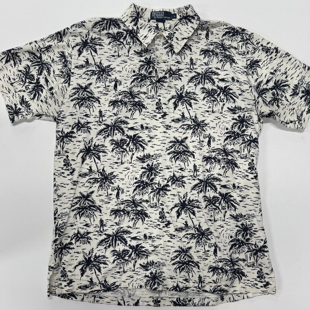 Polo Ralph Lauren Hawaiian Camp Polo Shirt Mens Large White Palm Trees AOP